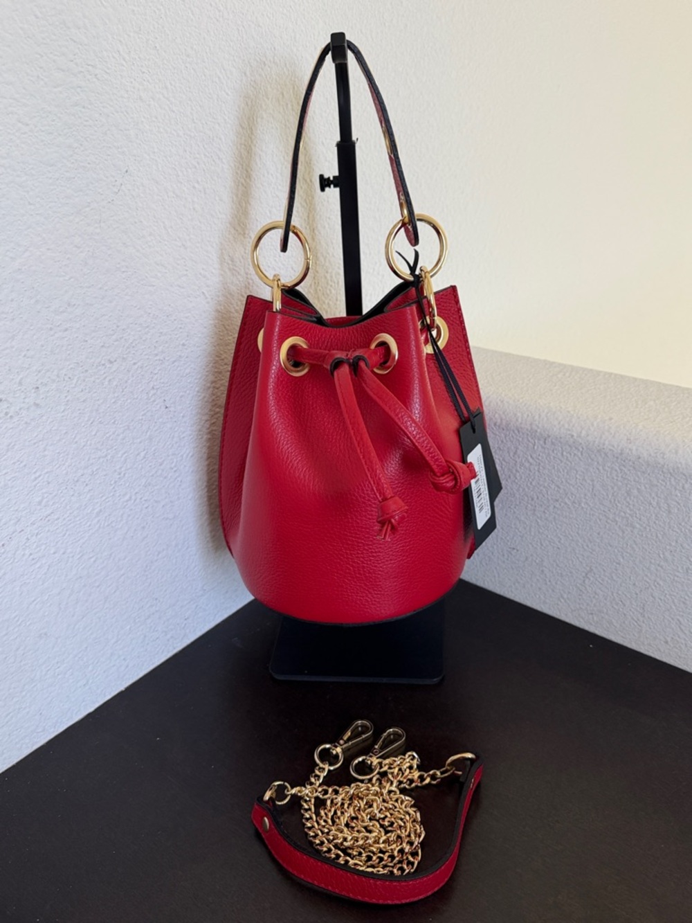 NWT Red Leather Mini Bucket Bag with Gold Ring Hardware.